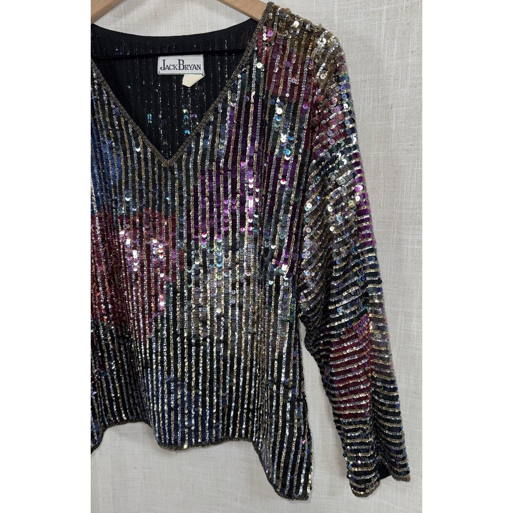 Vintage Jack Bryan Color Colorful Sequin Top Silk Women's 8 10 Shirt - Picture 3 of 9